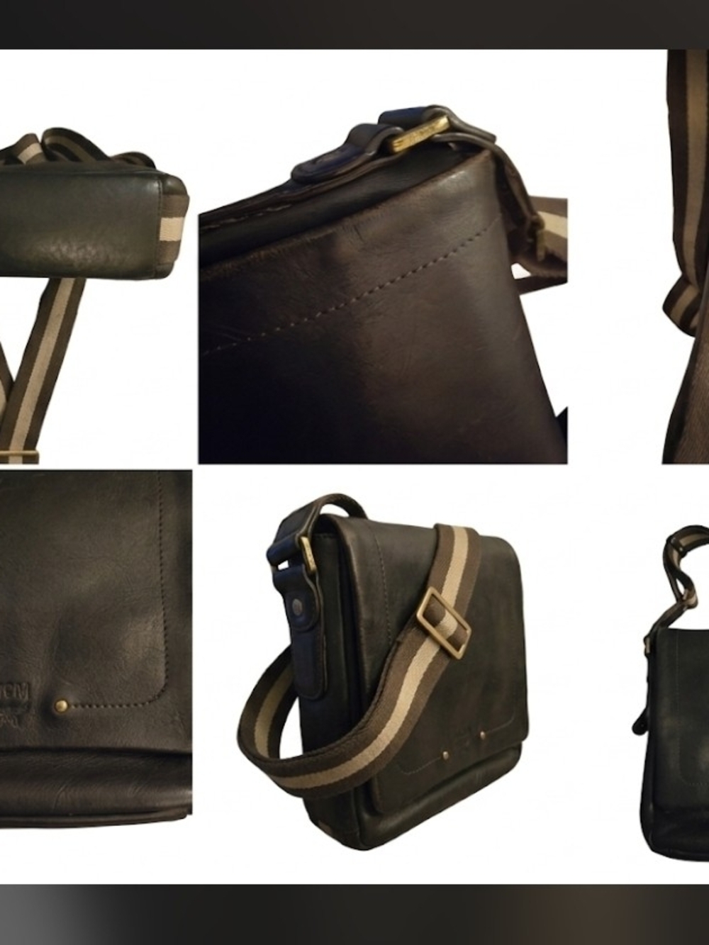 MCM Black Leather Messenger Bag with Brown Striped Strap-EUC! - Picture 2 of 5